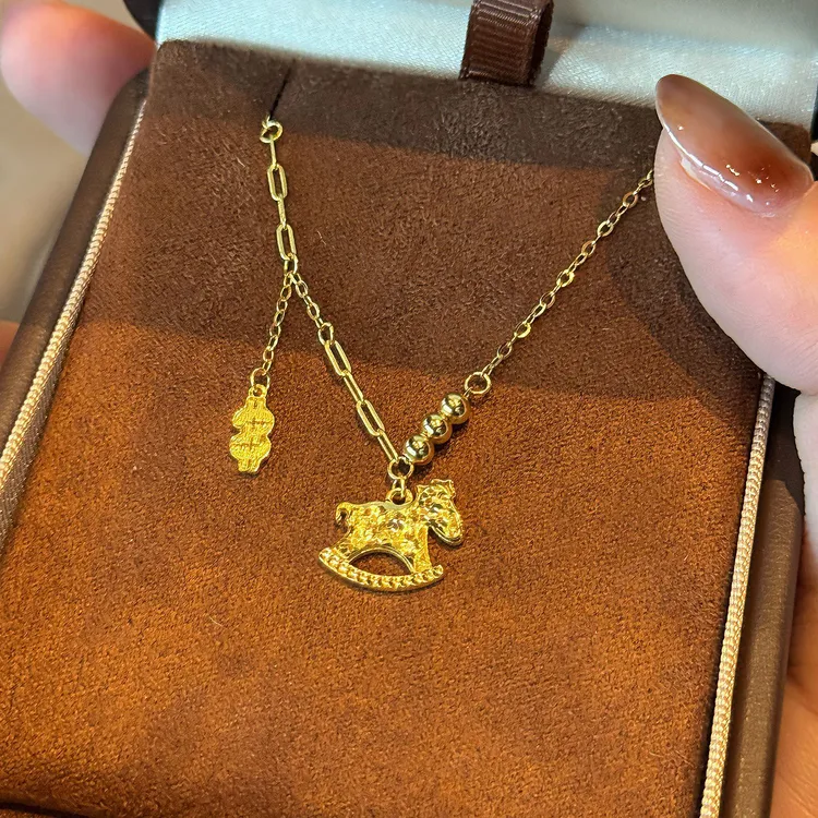 坠链均925银 s925纯银新款锤纹碎冰冰木马项链马上有钱锁骨链