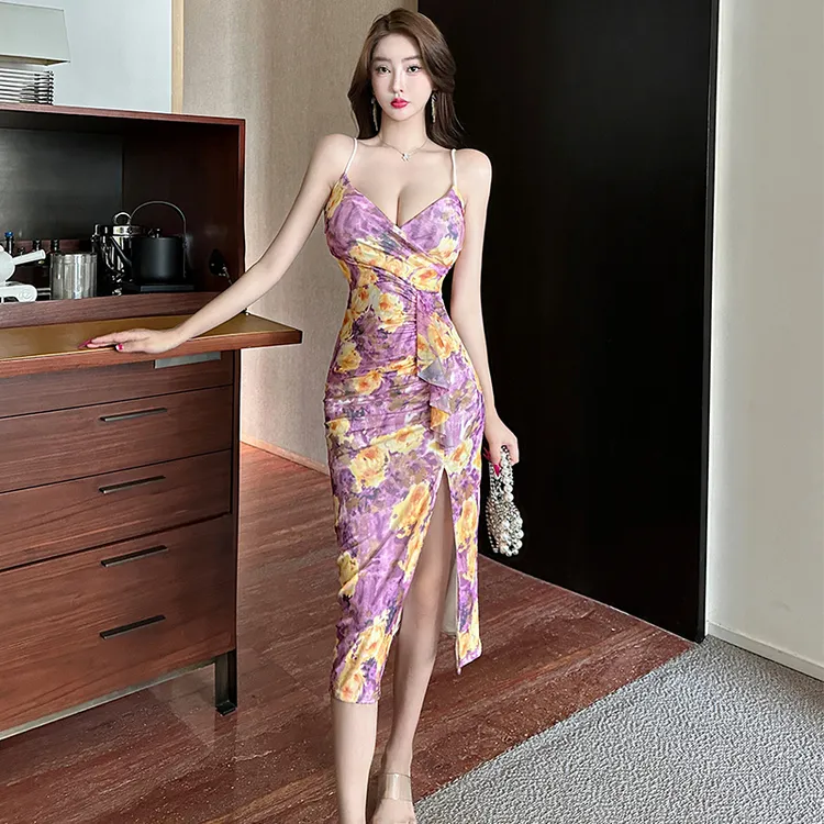 新中式复古水墨连衣裙女印花性感显瘦吊带裙夏2024年度假沙滩长裙