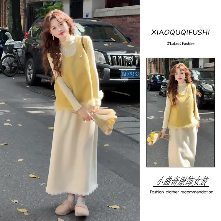 超火秋冬季穿搭一整套女2025新款韩版洋气打底衫马甲半身裙三件套