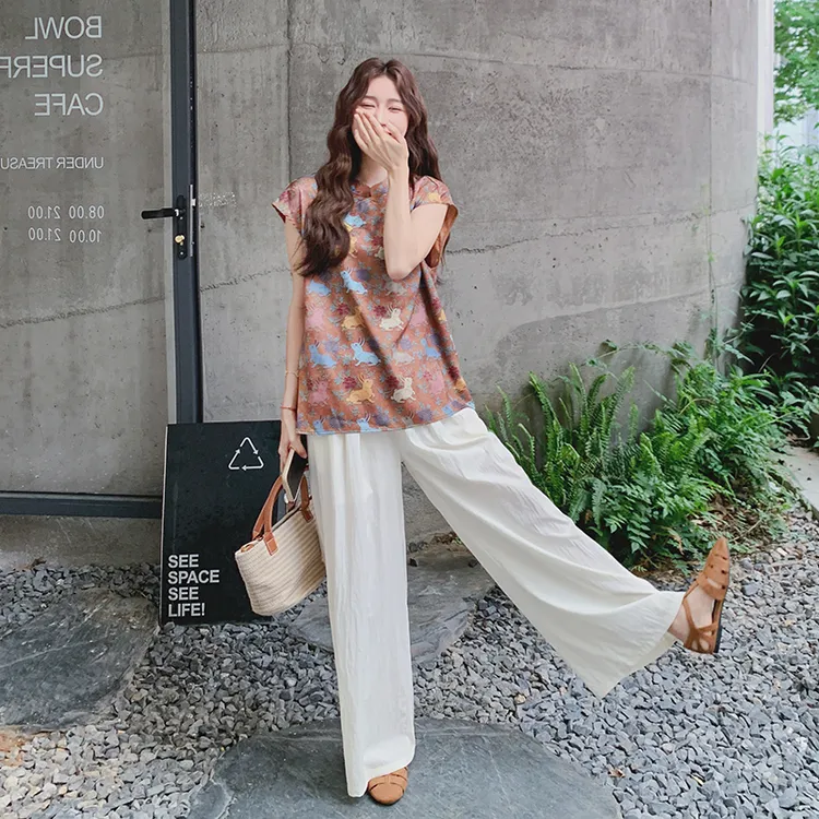 一整套ootd穿搭减龄爆款巨好看夏日绝美印花短袖上衣阔腿裤两件套