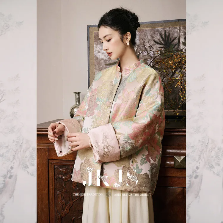 JKJS【烟花漫】两面穿 缎感提花棉衣 人丝混纺外套新中式冬装棉服