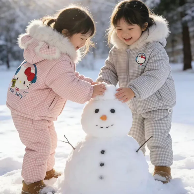 女童2025冬季新款儿童三层夹棉加厚棉服两件套家居KT卡通可爱连帽