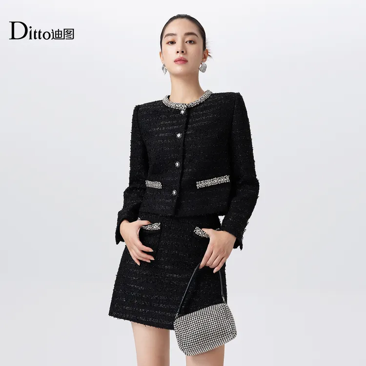 时尚上衣轻奢风时尚秋冬女装毛呢连衣裙粗花呢外套TWDC357