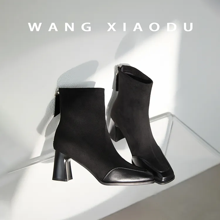原创【王小毒】优雅支点●7cm绒面瘦瘦靴女粗跟气质短筒弹力袜靴