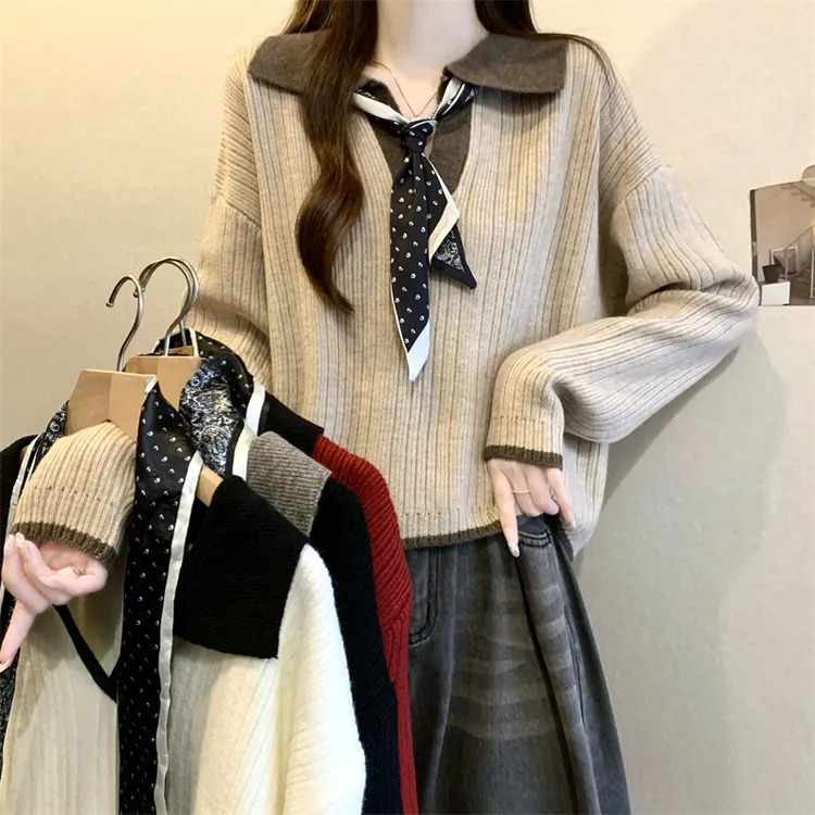 秋冬针织长袖短款打底衫女2025新款设计感半拉链拼色宽松上衣毛衣