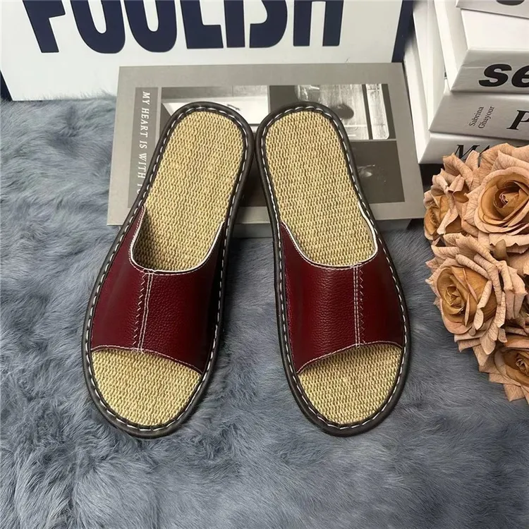 【头层牛皮】夏季居家亚麻防滑凉拖鞋防臭透气软底牛皮情侣