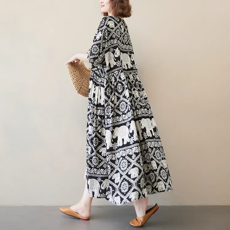 外贸工厂原单复古气质棉绸民族风连衣裙夏季胖mm大摆宽松显瘦长裙