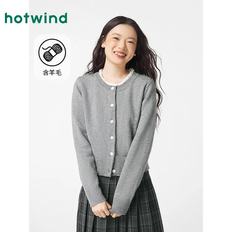 热风2024年冬季新款女士花边领针织开衫F08W4421