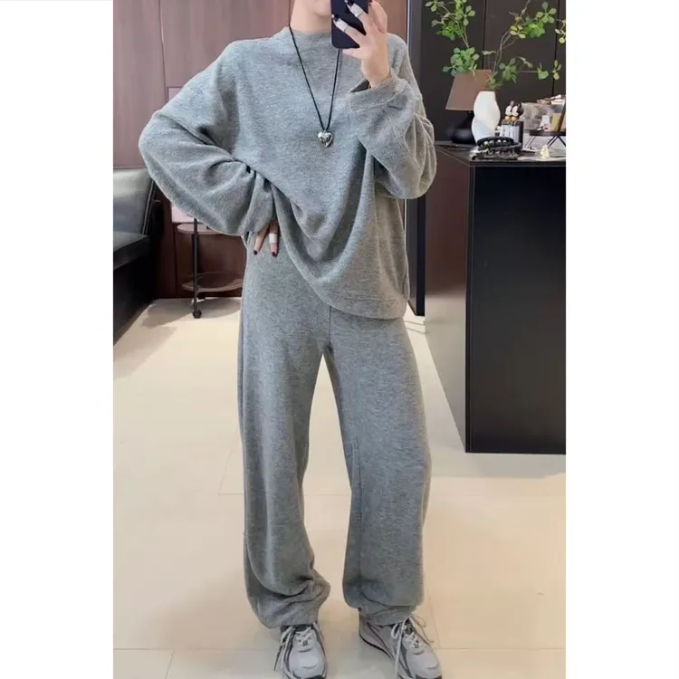 艾塔莉秋季时尚套装慵懒风束脚垂感长裤阔腿裤休闲裤灰色百搭上衣