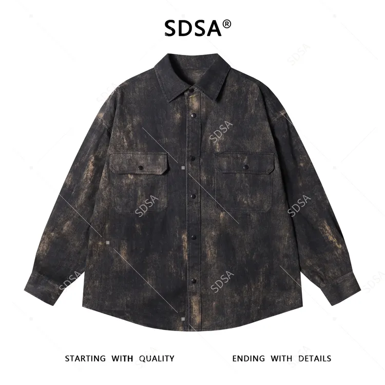 SDSA男士秋冬新款痞帅男装潮牌街头做旧翻领长袖衬衫扎染时尚衬衣