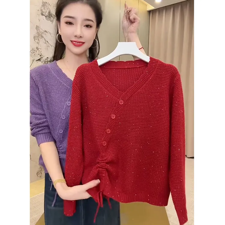 正版妈妈秋冬新款洋气时尚针织打底衫百搭短款显瘦气质抽绳毛衣