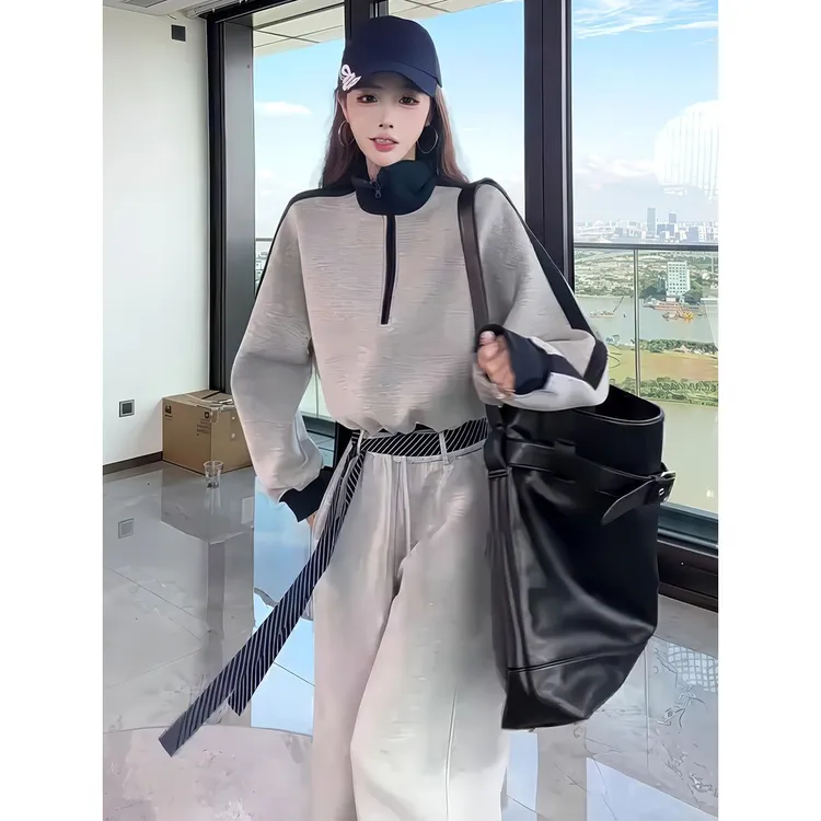 慵懒风松弛感穿搭一整套2025秋季新款撞色长袖卫衣高腰阔腿卫裤女