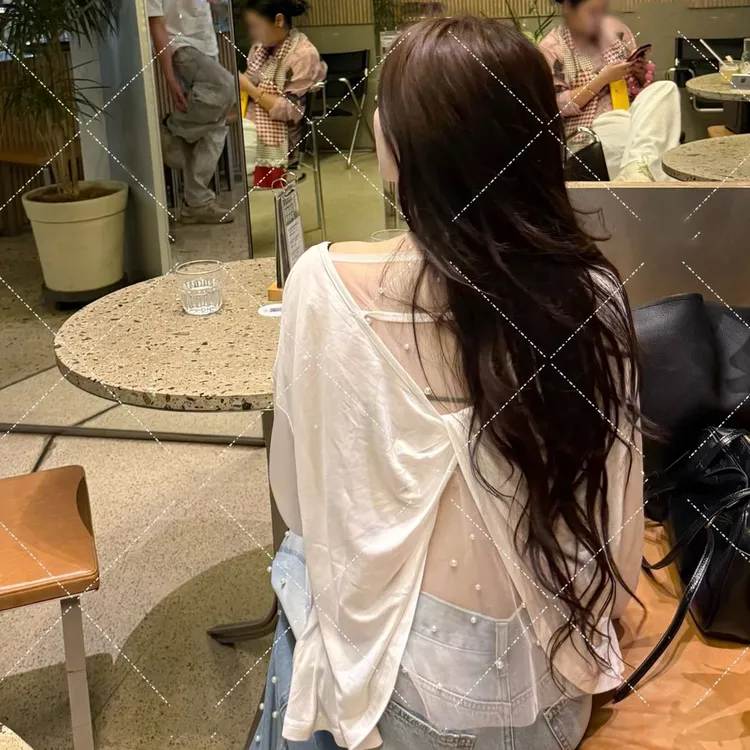 艺等韩版时尚设计感气质露背网纱扭结假两件2025夏季新款珍珠上衣