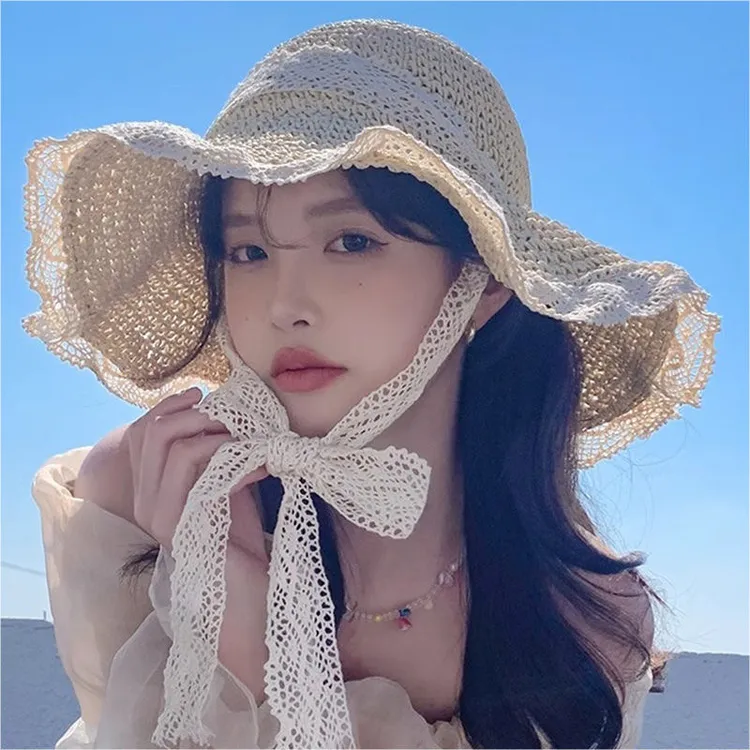 草帽ins韩版系带镂空草编帽女夏出游防晒沙滩太阳帽蕾丝边遮阳帽