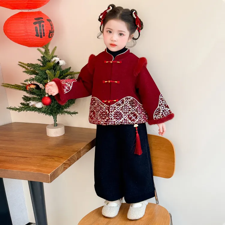 拜年服女童佳通汉服套装冬季女宝喜庆新年衣服儿童中式国风两件套