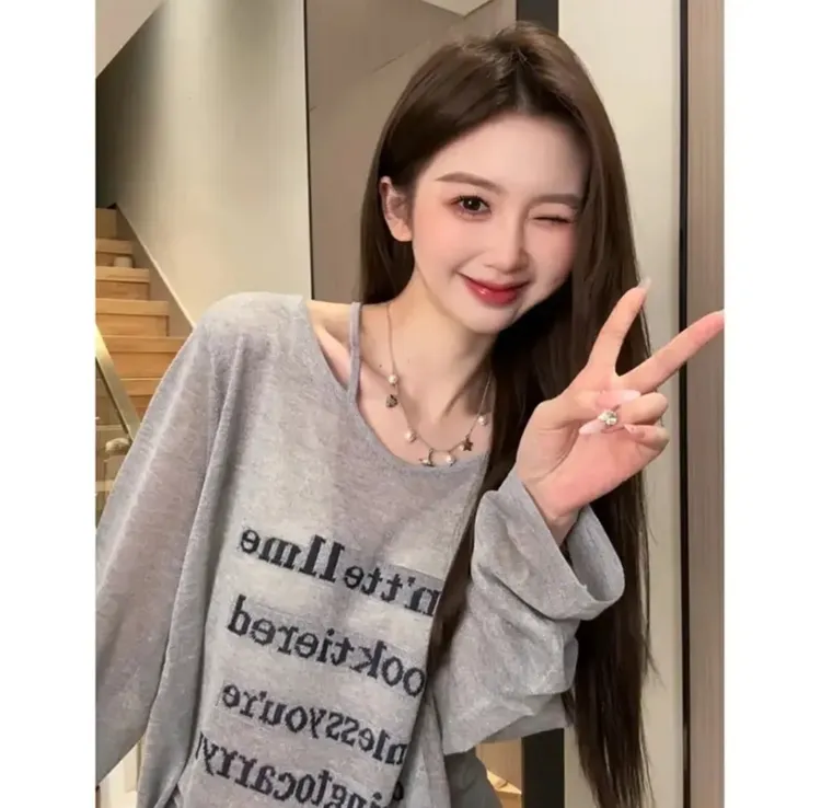 爆款露肩薄款长袖t恤女2025夏季新款时尚百搭字母灰色防晒衣罩衫