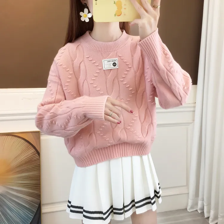 女大童短款毛衣女孩秋冬季圆领套头针织衫加厚保暖外穿洋气打底衫