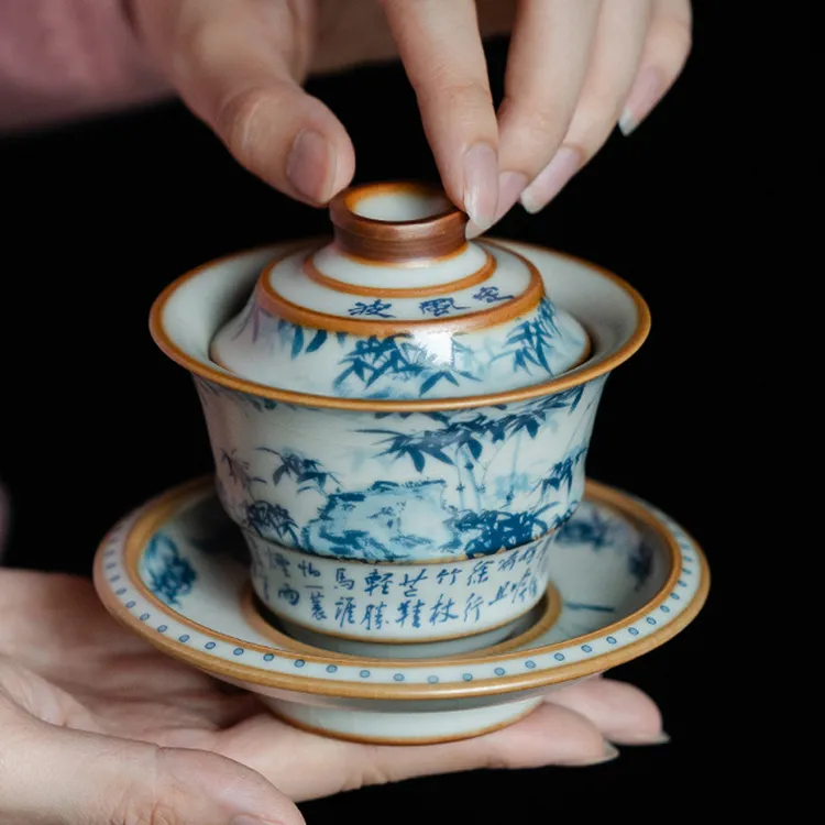 汝窑陶瓷盖碗青山竹韵三才茶杯单个高档带盖家用中国风泡茶碗送礼