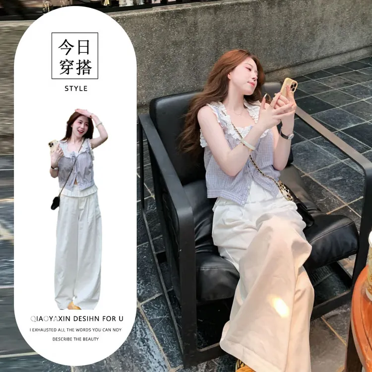 2025夏装搭配一整套小个子俏皮活泼减龄格子背心阔腿裤两件套装女