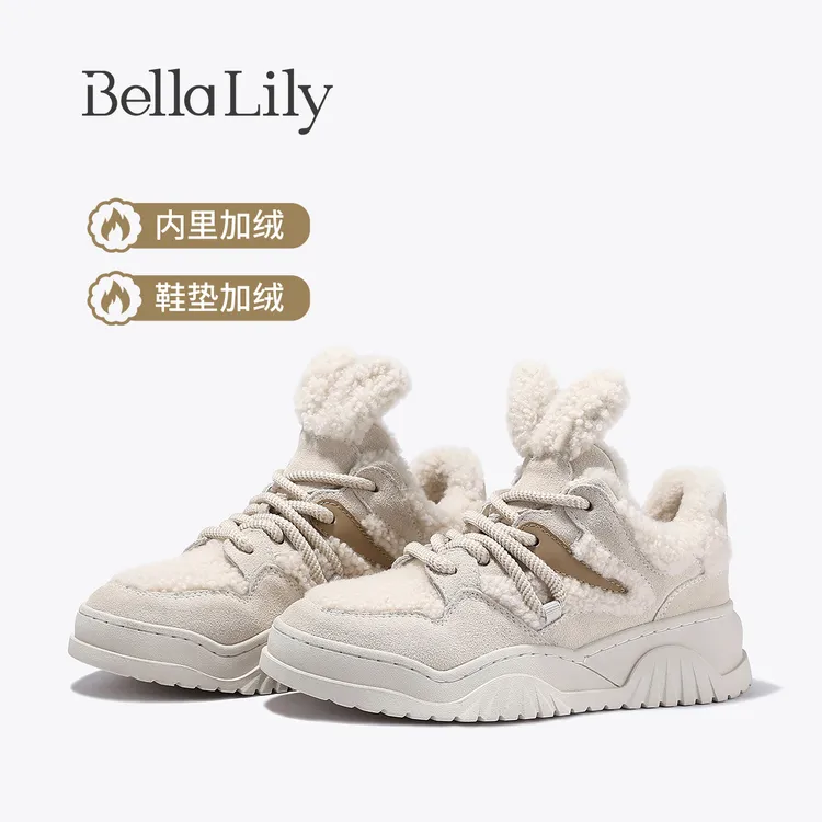 BellaLily2025秋冬新款低帮减龄板鞋女加绒休闲鞋保暖毛毛鞋