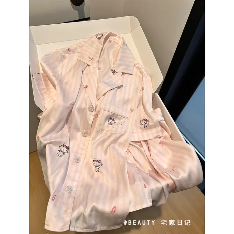 法式少女Hello Kitty印花冰丝睡衣女夏季短袖短裤家居服套装大码