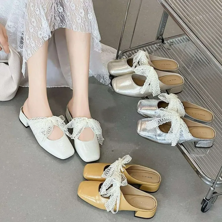 包头拖233-160新款低跟时尚欧根纱结子韩系小众包头女拖鞋