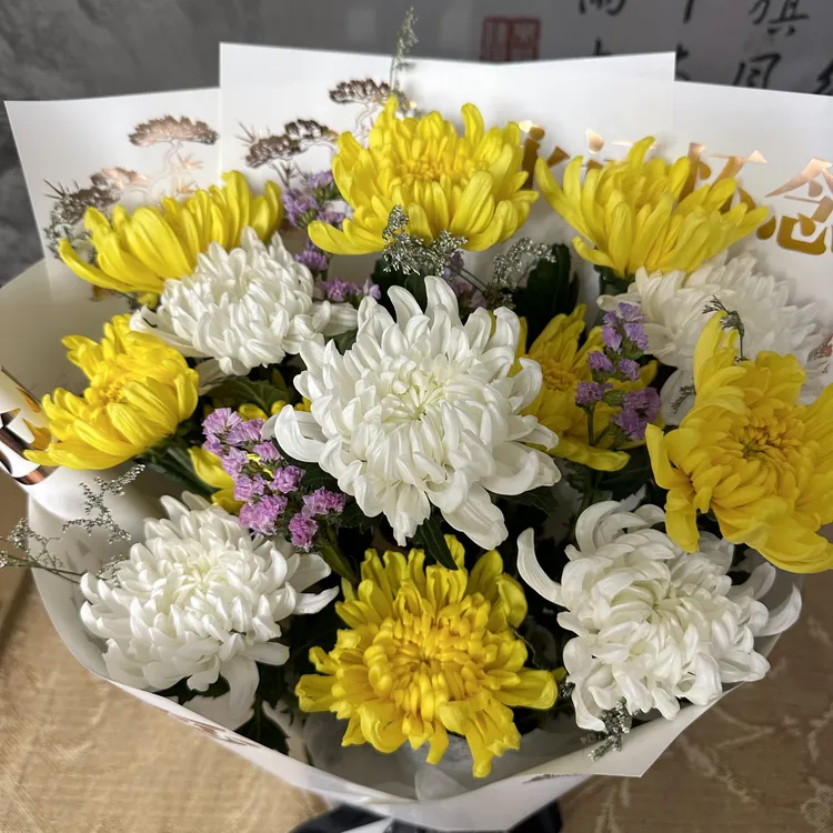 新鲜黄白菊花混搭花束五七百日周年新鲜手捧菊花黄白菊花花束适用