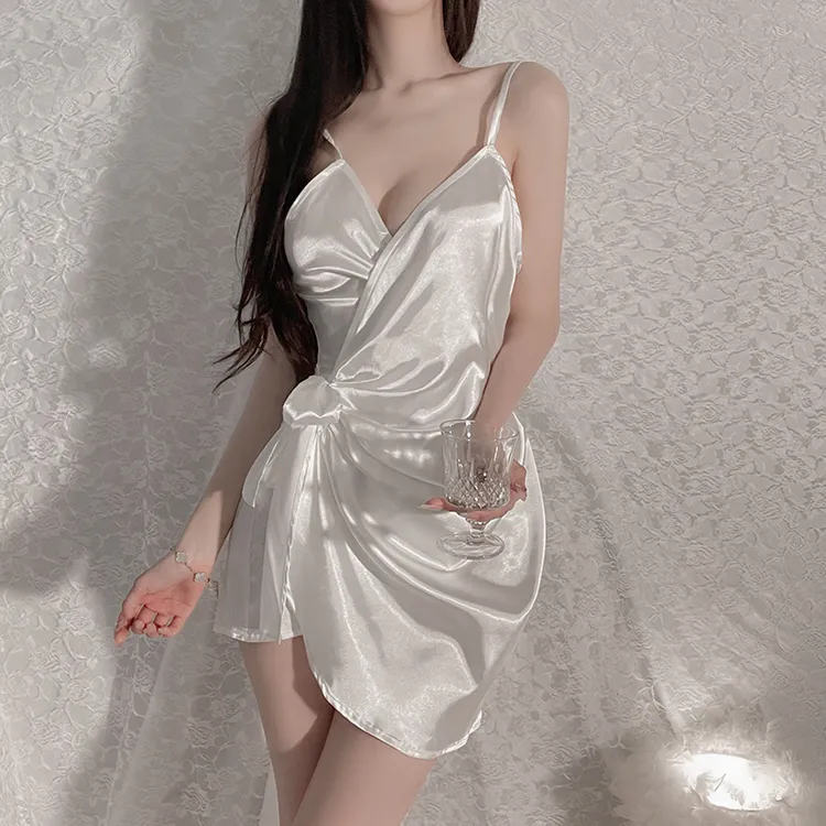 纯欲缎面冰丝睡裙家居服睡衣丝滑绑带睡裙