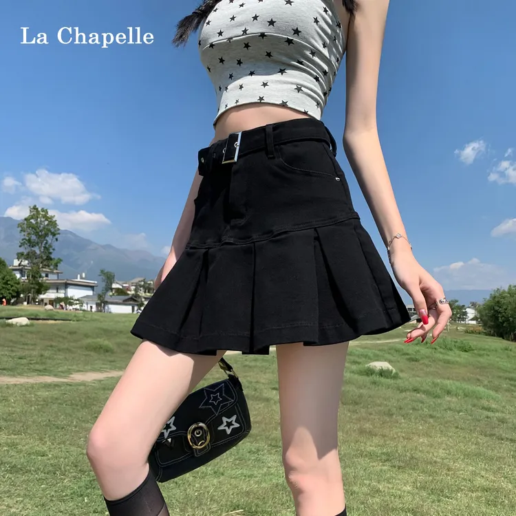 拉夏贝尔韩版高腰牛仔短裙女2025春夏新款百搭A字复古包臀百褶裙