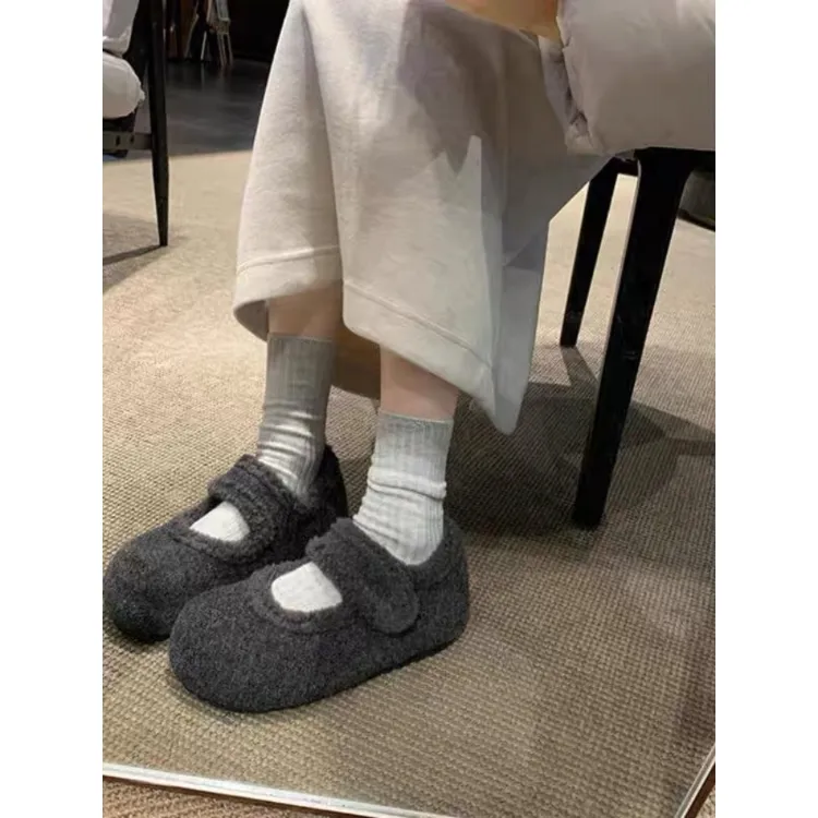 内增高厚底勃肯鞋女加绒灰色玛丽珍毛毛鞋秋冬外穿韩版呢子棉鞋子