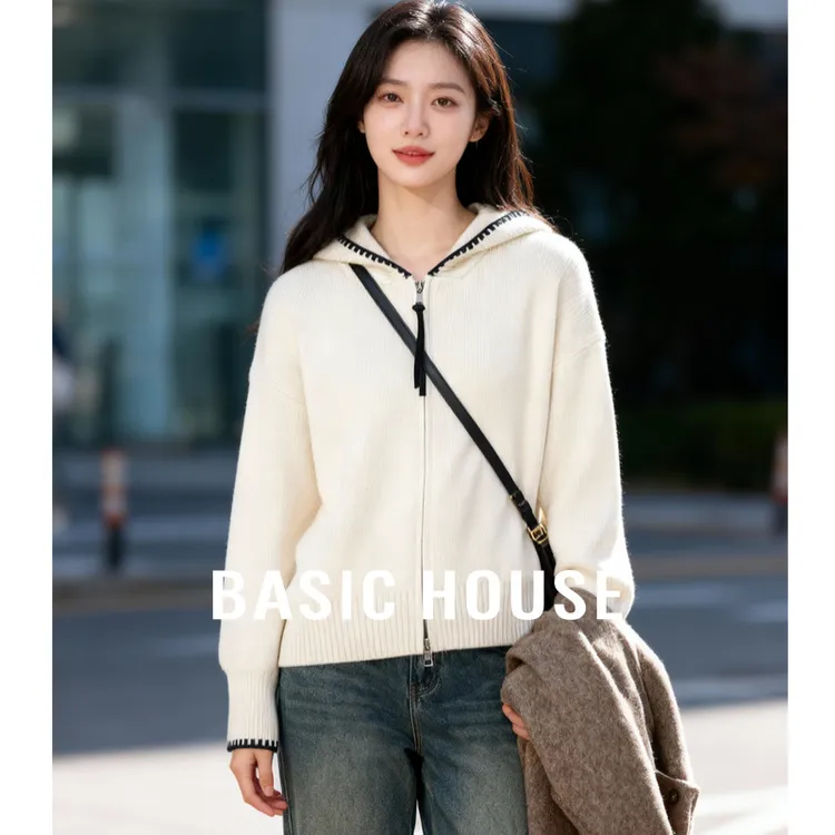 Basic House/百家好秋冬撞色连帽百搭显瘦毛衣外套女-B0625B5NKU2