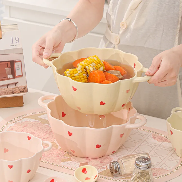 双耳汤碗in风心形爱心可爱大汤碗2024新款特别好看大容量汤盆带勺