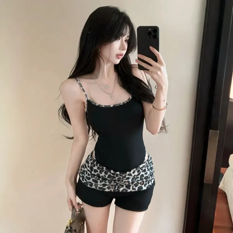 夏季美式黑色豹纹吊带连体衣女设计感小众性感辣妹高腰短裤两件套
