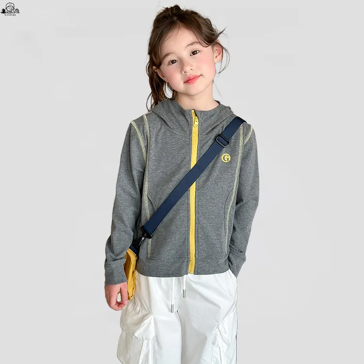 2025新版女童韩版洋气外套秋季休闲连衣帽卫衣撞色字母拉链衫上衣