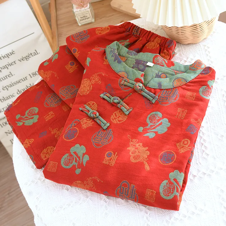 森格款带口袋色织盘扣新中式女士四季春夏国风双层棉家居服碎花