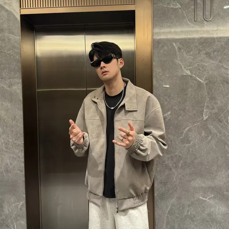 美式复古扎染PU皮夹克男高级感立领机车外套春秋痞帅情侣潮流上衣