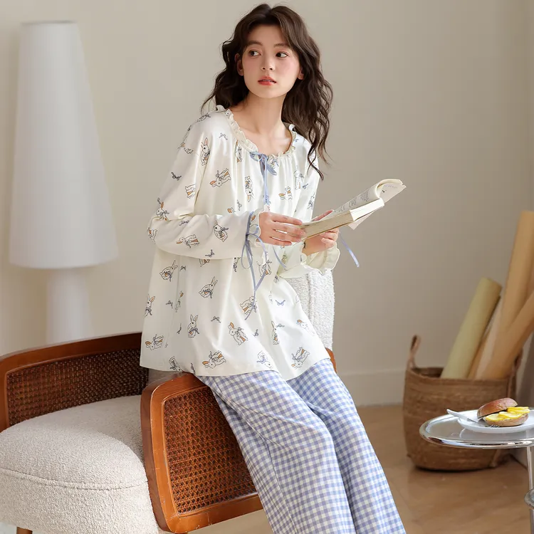卡通减龄睡衣女春秋纯棉长袖长裤休闲宽松少女全棉可爱家居服套装