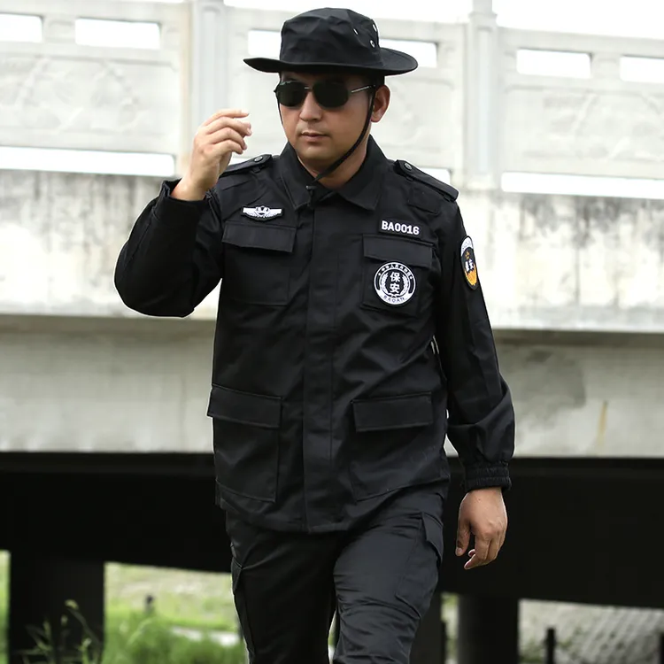 斜纹涤棉安保服套装春秋长袖加厚作训服黑色可挂对讲机防静电耐磨