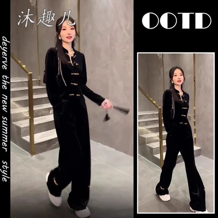 小香风套装裤女2025秋季新款气质名媛高级感小洋装国风丝绒两件套