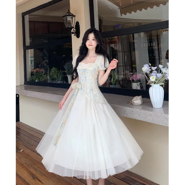 12186大码女装清甜夏季设计感拼接假两件甜美蝴蝶结连衣裙