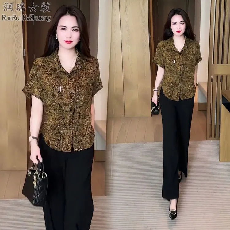 宽松型衬衣薄款夏季气质复古常规衬衫夏装碎花短袖2025妈妈套装潮