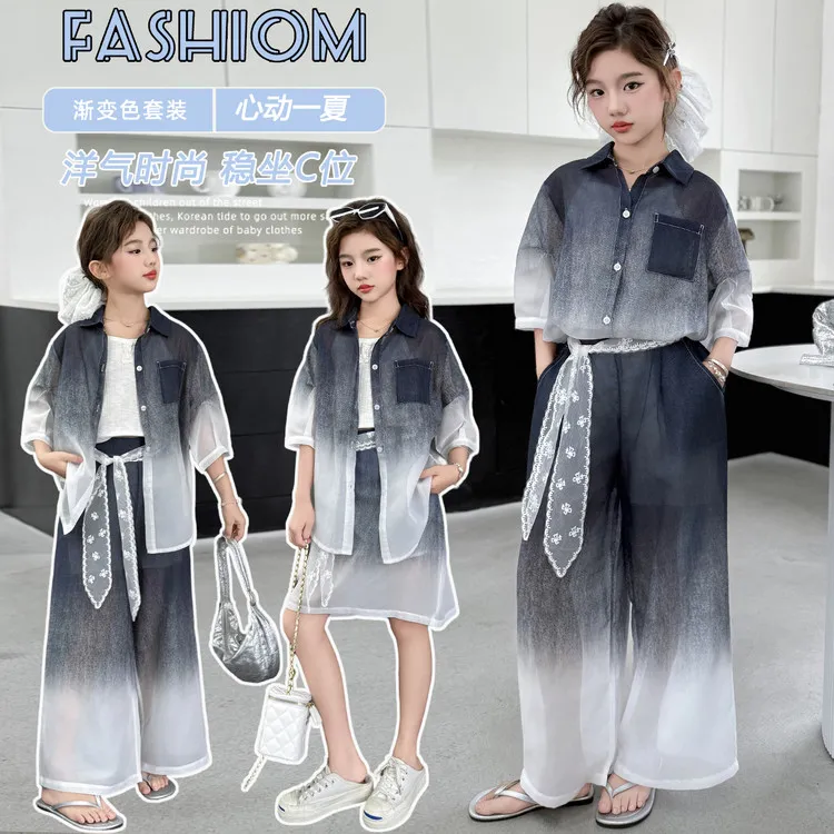 女童炸街套装夏季新款中大童衬衫阔腿裤两件套儿童网红洋气半身裙