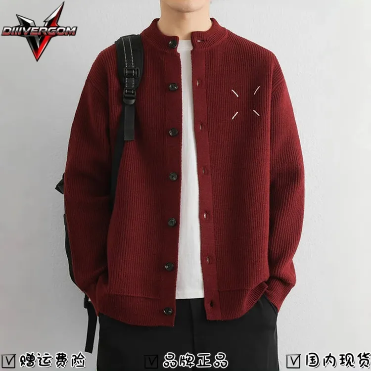 安哥拉红色毛衣外套男春秋2025新款针织开衫夹克男款立领毛衣开衫