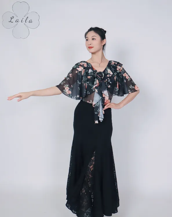 Laila摩登舞服新款《千与千寻》黑橘花夏季网纱摩登拉丁练习服