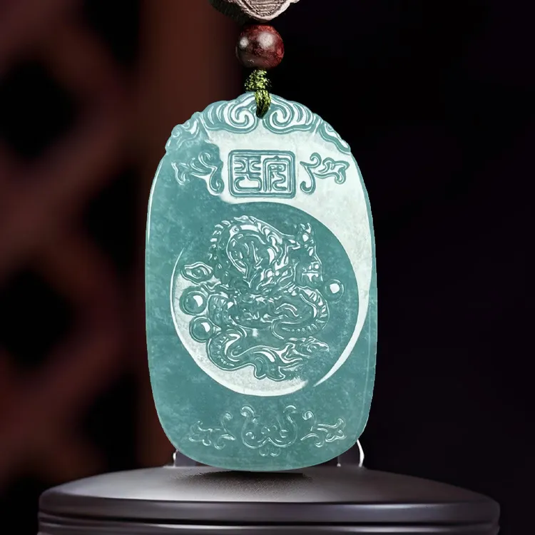 危料晴水蓝绿龙牌天然翡翠A货雕刻腾龙守护神正品四会珠宝玉器