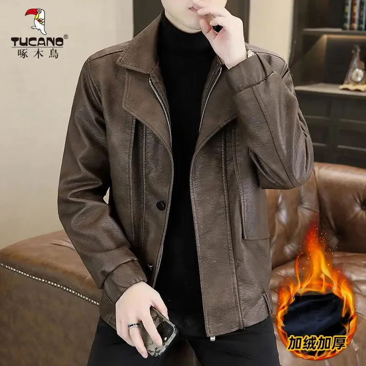 TUCANO/啄木鳥冬季新款加绒加厚假两件皮衣档次百搭时尚保暖帅气