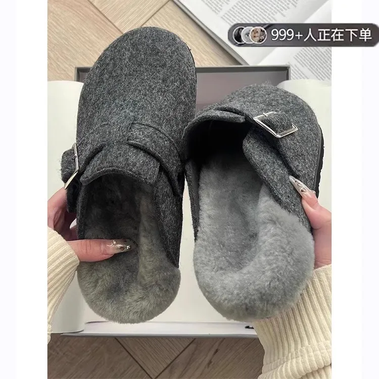 灰色厚底勃肯鞋女外穿毛毛拖鞋2025新款秋冬季雪地靴包头半拖棉拖