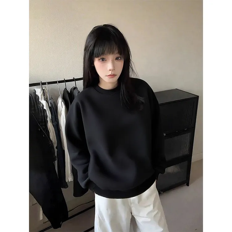 黑色圆领无帽卫衣男款秋季短宽boxy版型长袖t恤美式青少年打底衫