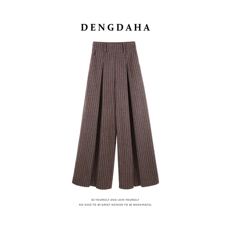 DENGDAHA「自成焦点」复古风竖纹松紧腰休闲裤毛呢长裤HBZW800067