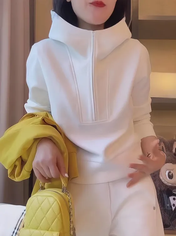 设计感纯色百搭半拉链连帽卫衣女2025早秋新款百搭休闲显瘦上衣潮